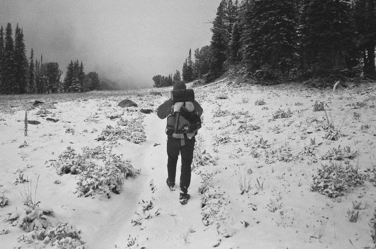 J on a snowy trail